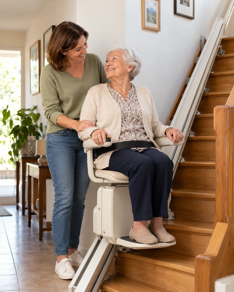 Une cliente assise sur son monte-escalier, chez elle